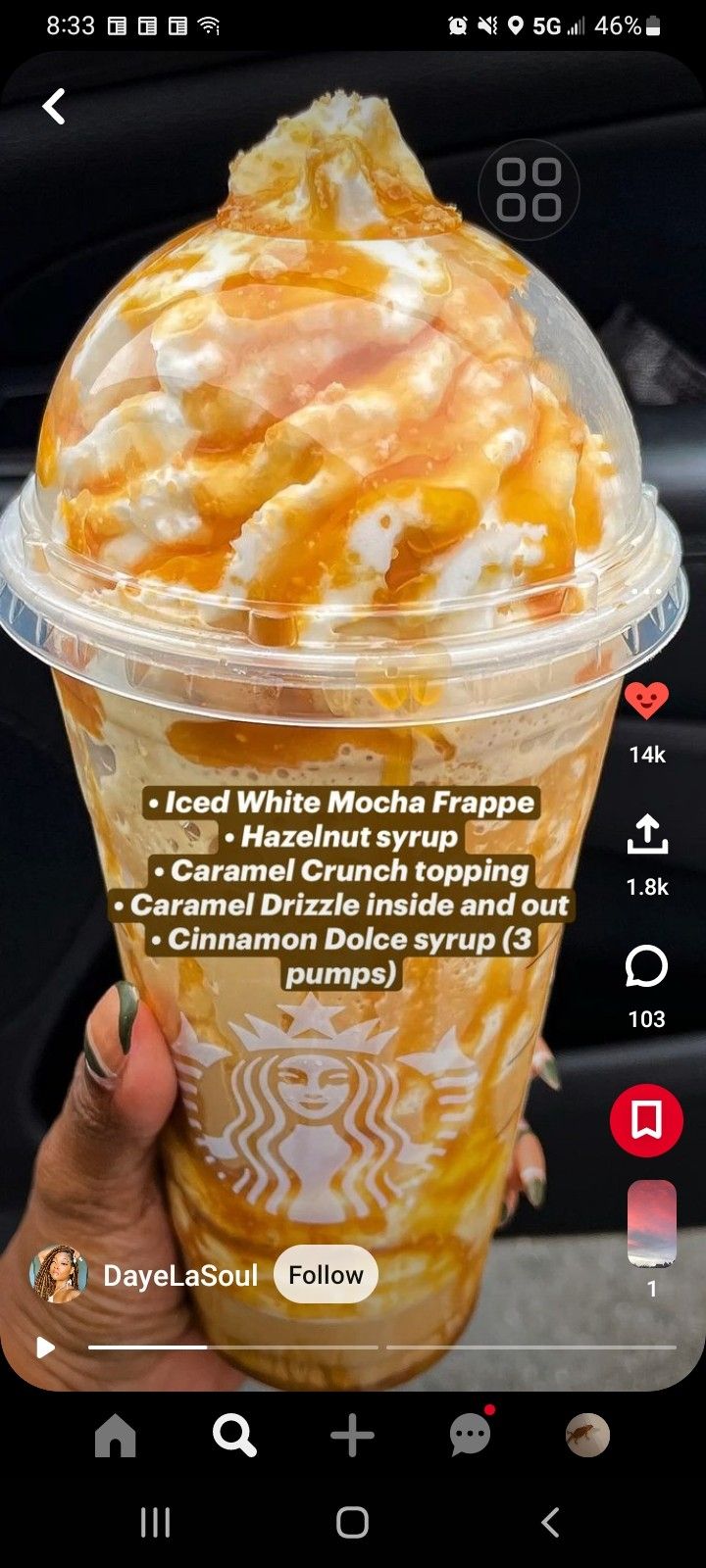 someone is holding up a cup of ice cream with toppings on it and the caption reads, i love white mocha frappe