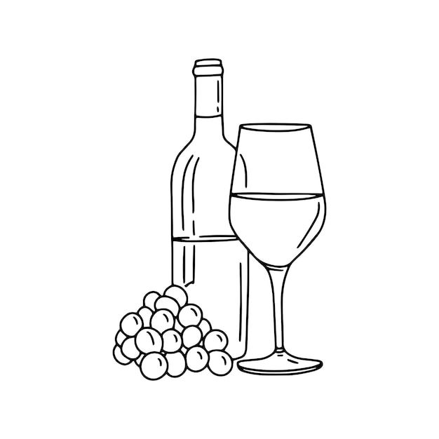 a wine glass and bottle next to some grapes on a white background with a black outline