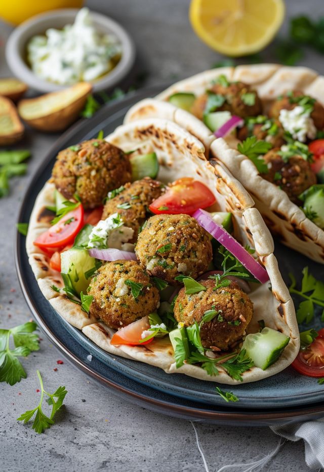 two pita breads with meatballs and veggies on them, sitting on a plate