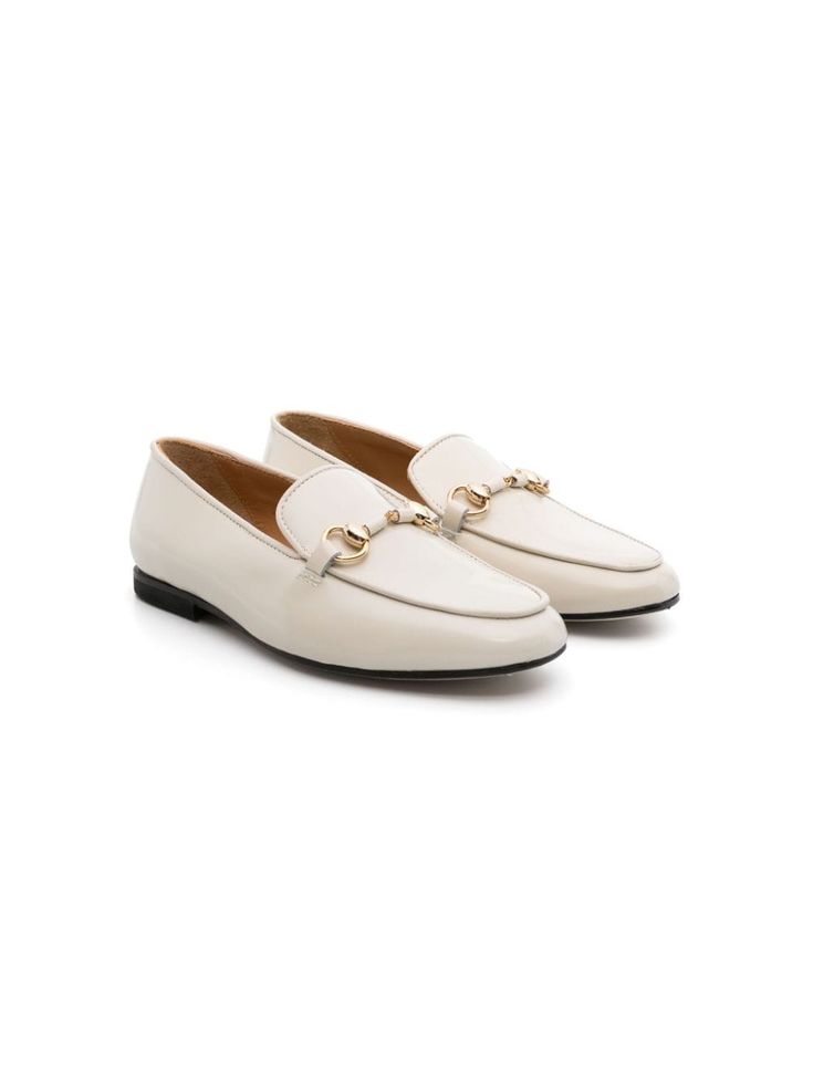 light beige calf leather horsebit detail gold-tone hardware slip-on style almond toe leather lining branded insole low heel Dress With Jean Jacket, Baby Boy Accessories, Gucci Kids, Burberry Kids, Dolce And Gabbana Kids, Girls Shoes Kids, Slippers For Girls, Kids Jordans, Boys Accessories