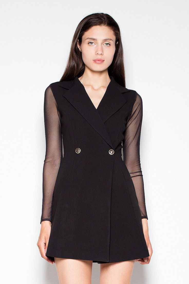 Elegant jacket dress with decorative buttons. Sleeves and back to waist of dress made of transparent mesh. Dress has long sleeves and a striking collar. Black Dress Jacket, Elegant Jacket, European Dress, Elegant Attire, Black Tuxedo, Women's Evening Dresses, Decorative Buttons, Sheer Sleeves, Blazer Dress