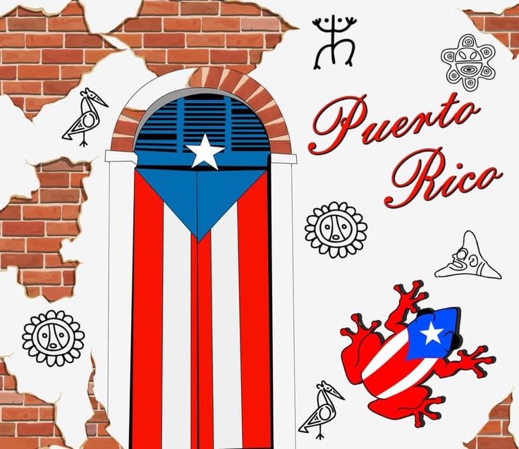 the puerto rican flag is painted on a brick wall with symbols around it and an image of a gecko