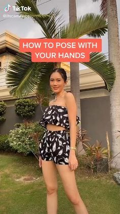 a woman standing in front of a palm tree with the words how to pose with your hands