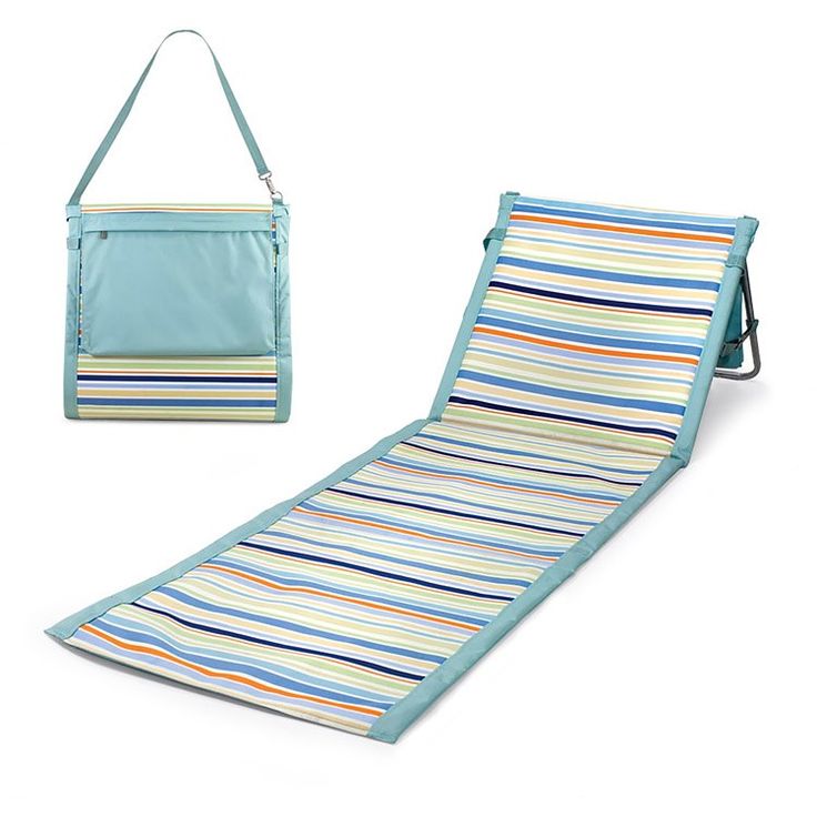 a blue and white striped beach towel next to an aqua colored cooler bag on a white background