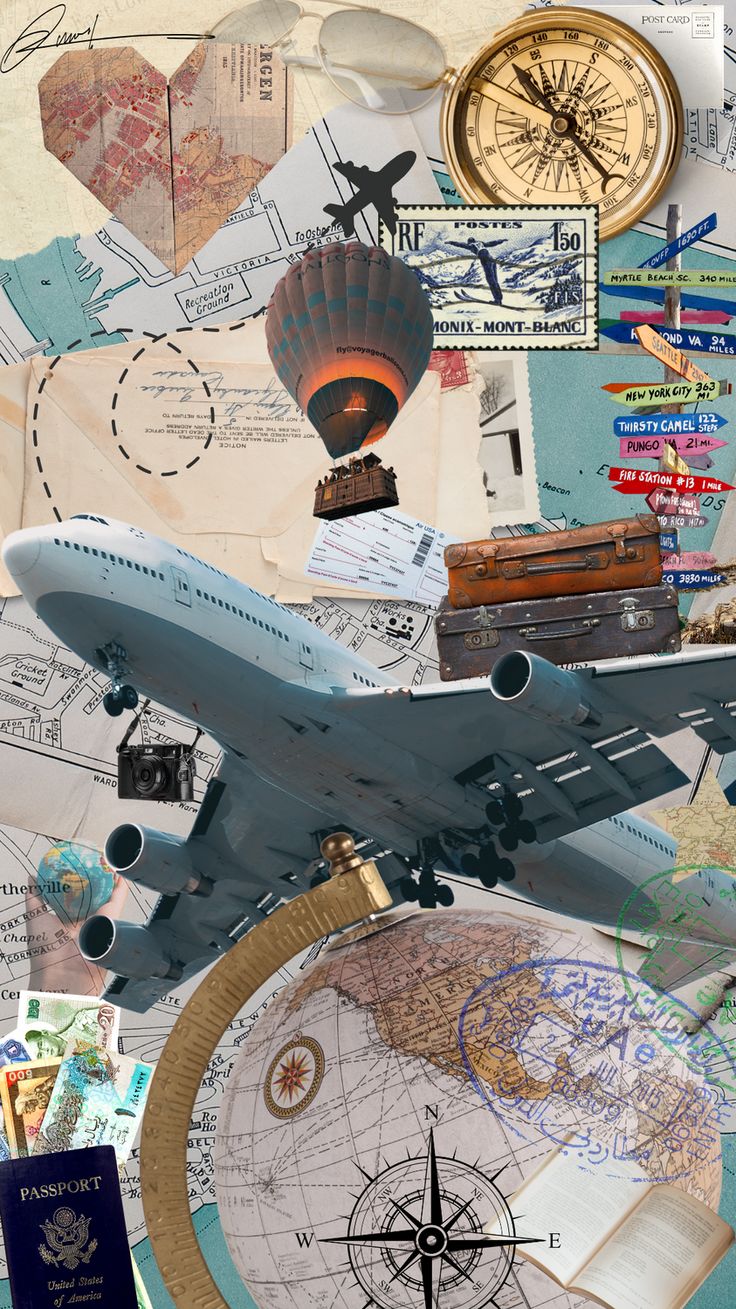 a collage of travel related items including an airplane, map, passport and compass