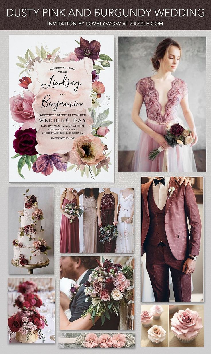 a collage of wedding photos with pink and burgundy flowers