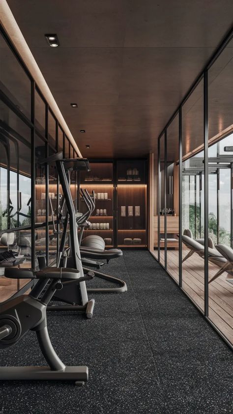 an empty gym with treadmills and exercise machines in the background, overlooking water