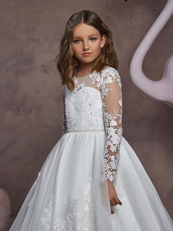 Elegant Long Sleeves Embroidered Kids Party Dresses Jewel Neck Tulle L ��— Bridelily Long Sleeve Princess Style First Communion Dress, Fitted Floral Applique Dress For Confirmation, Princess Style Long Sleeve First Communion Dress, Long Sleeve Princess Dress For First Communion In Spring, Spring Long Sleeve Princess Dress For First Communion, Fitted Gown For Confirmation With Long Sleeves, Fitted Long Sleeve Gown For Confirmation, Spring Long Sleeve Dresses For Pageant, White Long Sleeve Gown For Dress-up