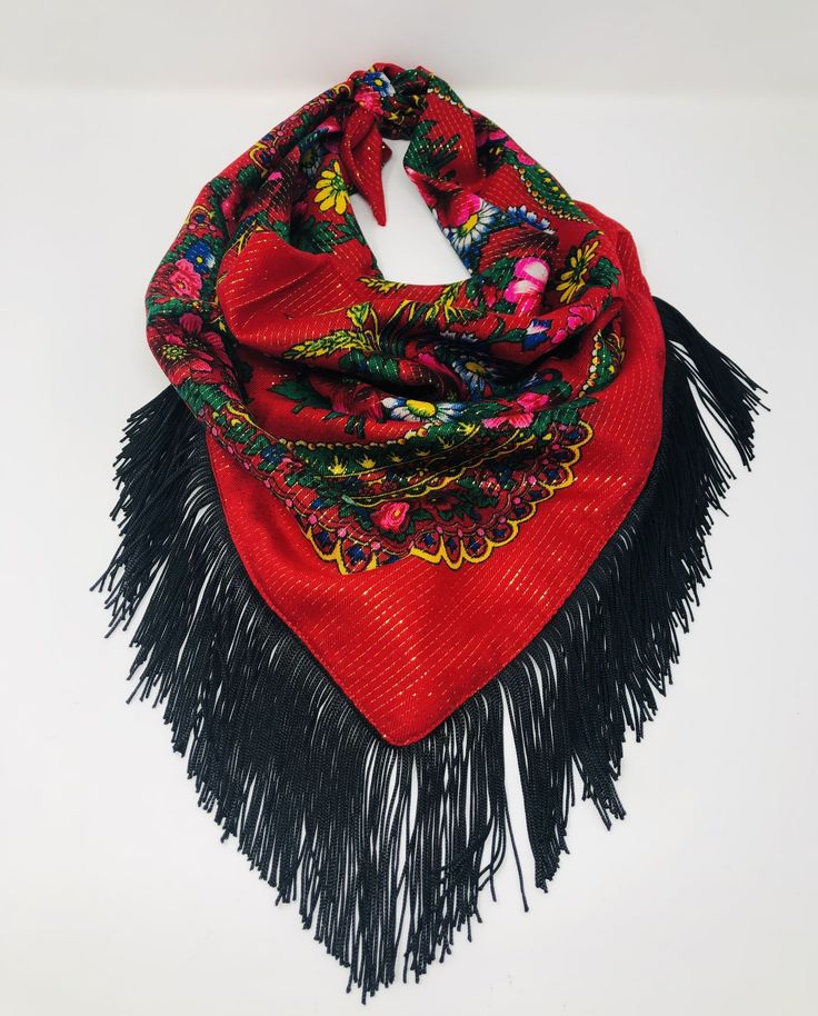 Quilana with Fringe Scarf - SOLOLI Red Bohemian Shawl With Floral Print, Adjustable Bohemian Bandana For Gifts, Adjustable Bohemian Bandana As Gift, Traditional Spring Scarves As Gifts, Traditional Spring Scarves For Gifts, Traditional Spring Scarves For Gift, Traditional Red Shawl With Floral Print, Traditional Red Floral Print Shawl, Red Bandana For Festivals