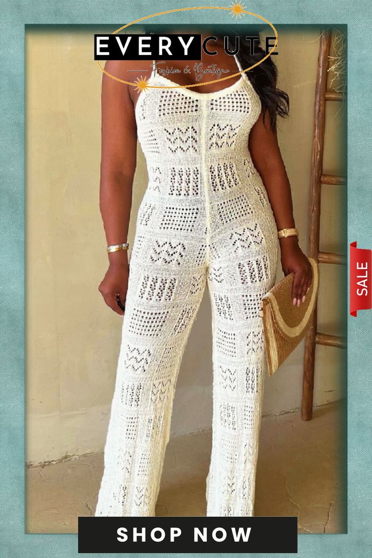 Sexy Solid Bandage Backless Spaghetti Strap Skinny Jumpsuits Crochet Jumpsuits, Cami Jumpsuit, Vintage Summer Dresses, Backless Jumpsuit, Designer Jumpsuits, Vacation Wear, Jumpsuits And Romper, Lace Dress Long, White Jumpsuit