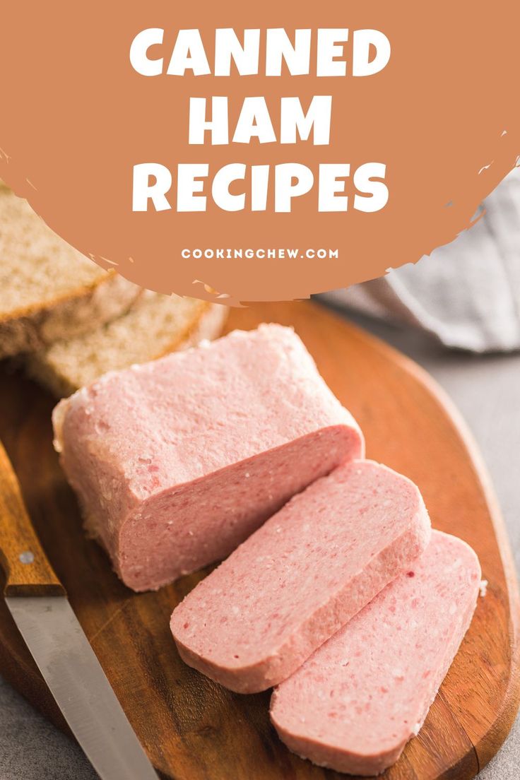 sliced ham on a cutting board with bread in the background and text overlay that reads canned ham recipes