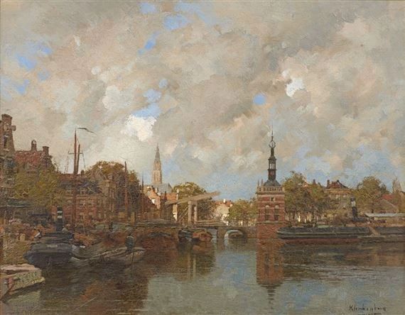 a painting of a river with boats and buildings