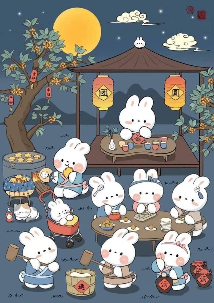 some white rabbits are eating food in front of a gazebo with lanterns on it