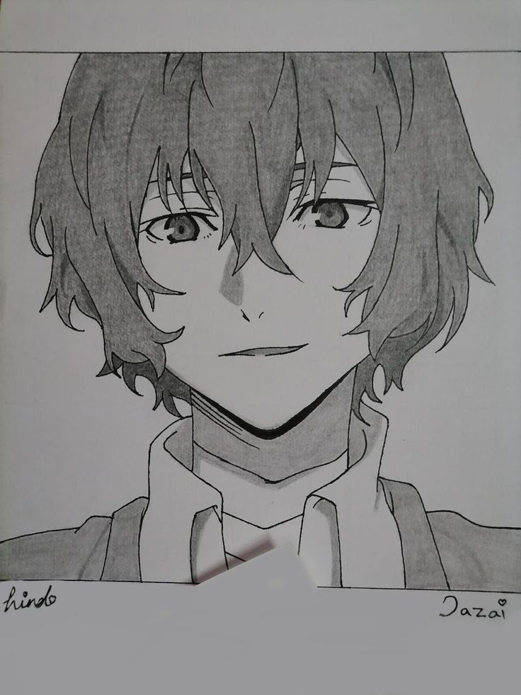 a pencil drawing of an anime character with long hair and blue eyes, wearing a white collared shirt