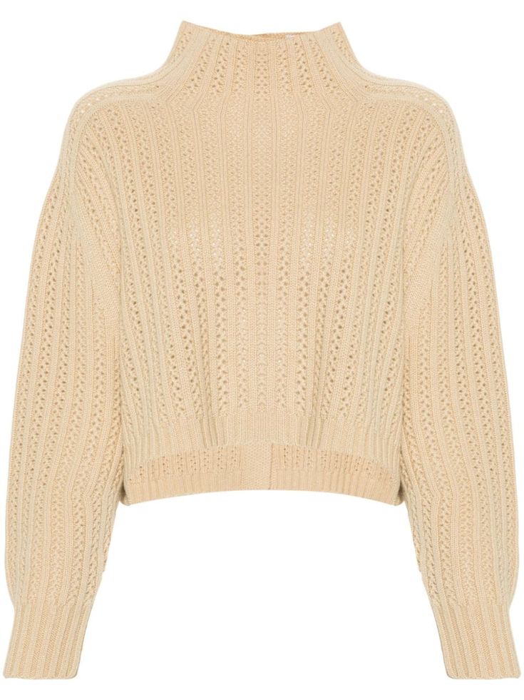 taupe wool-cashmere blend knitted construction tricot knit high neck long sleeves ribbed cuffs and hem straight hem rear button fastening This item is in size L and the color is Beige Textured Cashmere Knit Top With Long Sleeves, Designer Beige Wool Sweater, Luxury Beige Long Sleeve Sweater, Luxury Beige Textured Knit Sweater, Cashmere Textured Knit Long Sleeve Top, Cashmere Blend Sweater, High Neck Long Sleeve, Cotton Cardigan, Taupe Color