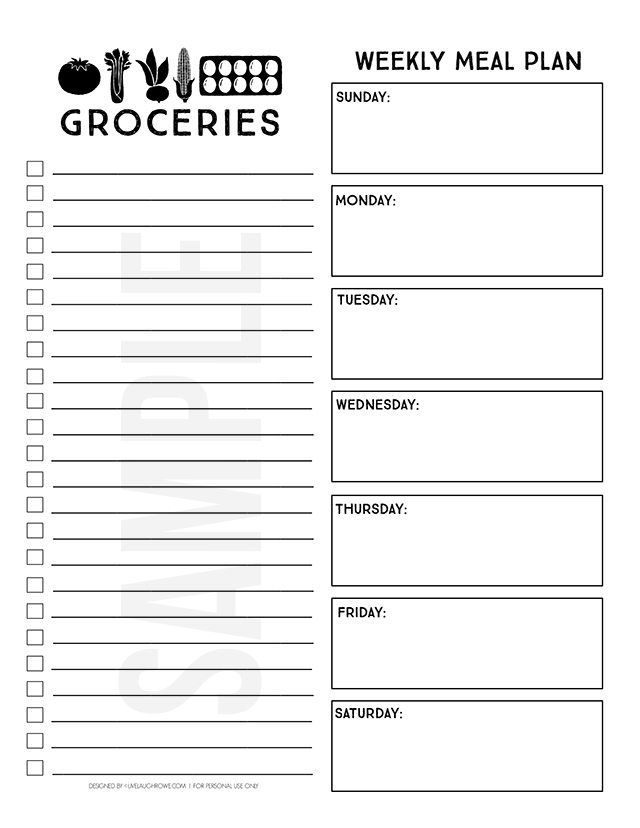 the weekly meal plan is shown in this printable version, which includes grocery items