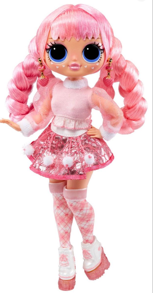 a doll with pink hair and big blue eyes is standing in front of a white background