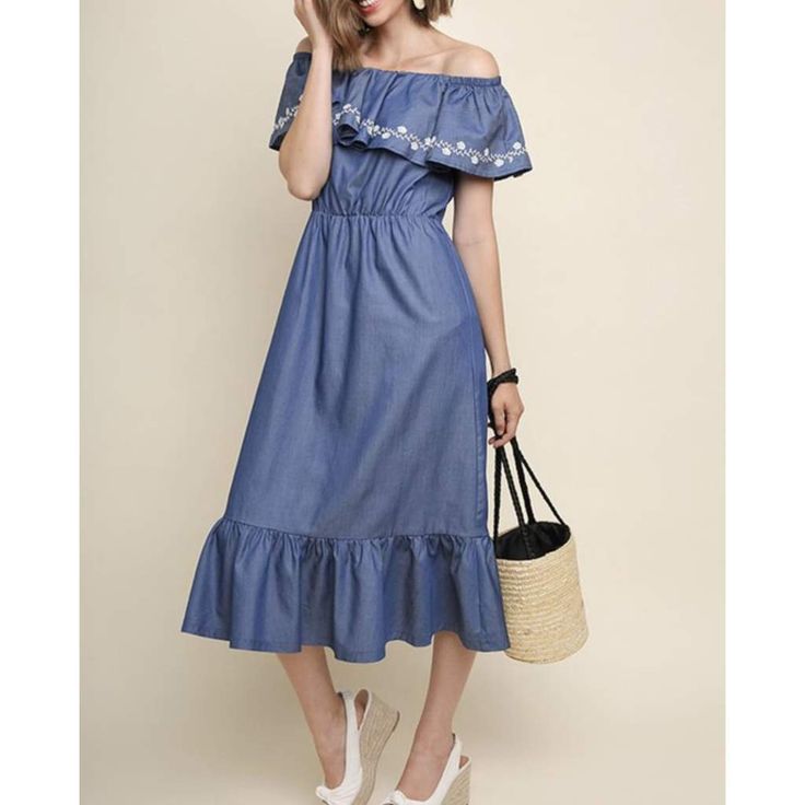 Denim Off Shoulder Ruffle Dress Casual Midi Dress With Floral Embroidery For Spring, Casual Knee-length Denim Dress With Ruffles, Casual Knee-length Ruffled Denim Dress, Casual A-line Midi Dress With Floral Embroidery, Casual Floral Embroidery Dress For Spring, Spring Cotton Midi Dress With Ruffle Hem, Casual Floral Embroidered Dress For Spring, Casual Spring Dress With Floral Embroidery, Spring Denim Off-shoulder Dress