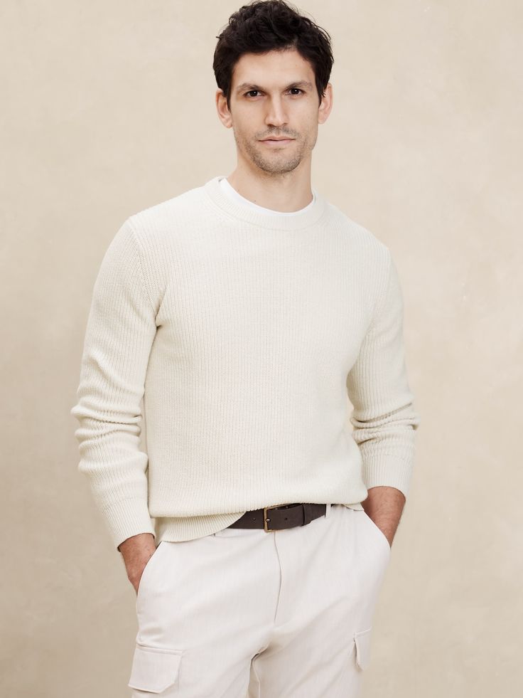 Midweight Linen-Blend Sweater | Banana Republic Factory Cream Sweater With Ribbed Cuffs For Spring, Spring Cream Sweater With Ribbed Cuffs, Winter White Sweater With Ribbed Cuffs For Spring, Classic Sweater For Spring Casual Gatherings, Classic Sweater For Casual Spring Gatherings, Elegant Cotton Sweater With Ribbed Collar, Relaxed Fit Spring Sweater With Ribbed Collar, Classic Ribbed Spring Sweater, Classic Ribbed Sweater For Spring