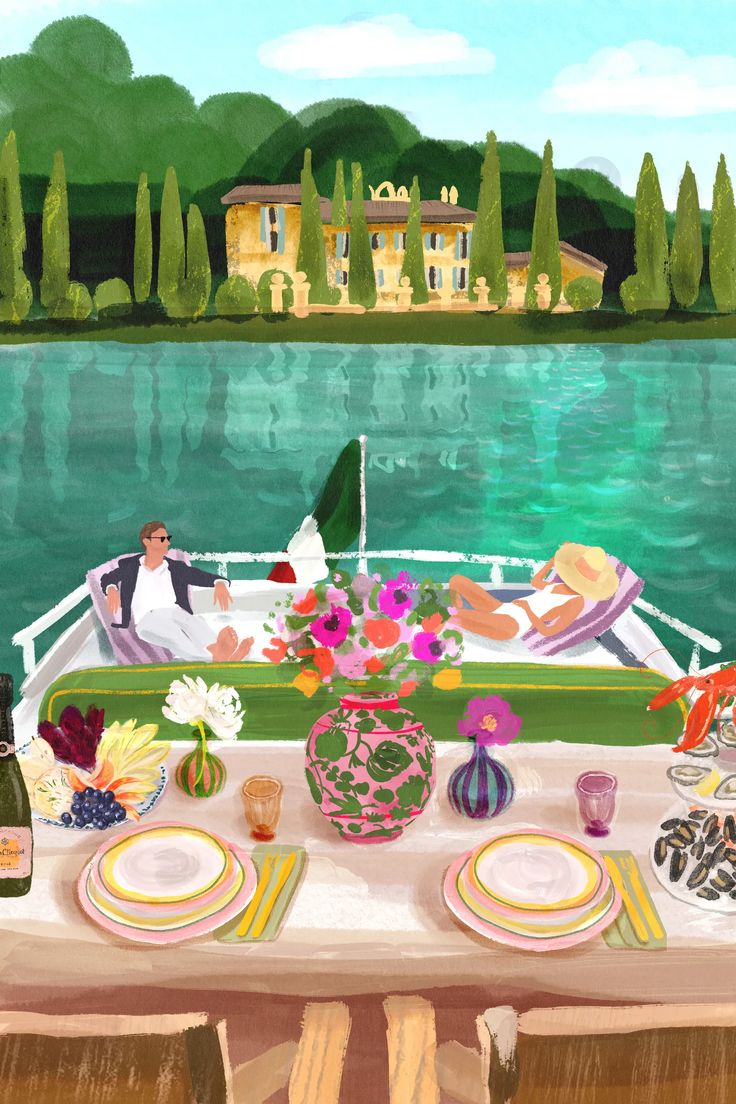 a painting of two people sitting on a boat with food and drinks in front of them