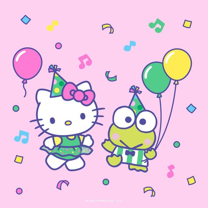 hello kitty and frog with balloons on pink background