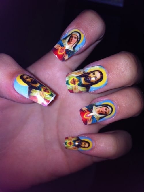 Jesus nails Odd Fashion, Saints And Sinners, Nail Envy, Mary And Jesus, Manicure Y Pedicure, Heart Nails, Sacred Heart, Makeup Nails, Kitsch