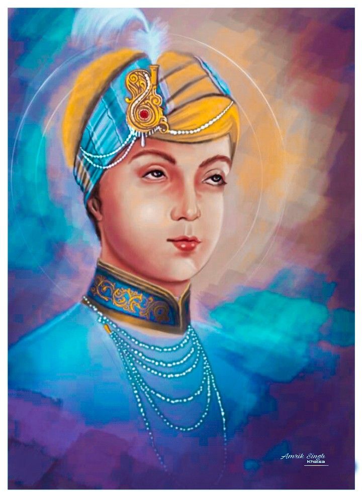 an image of the saint in blue and yellow attire with pearls on his head, wearing a