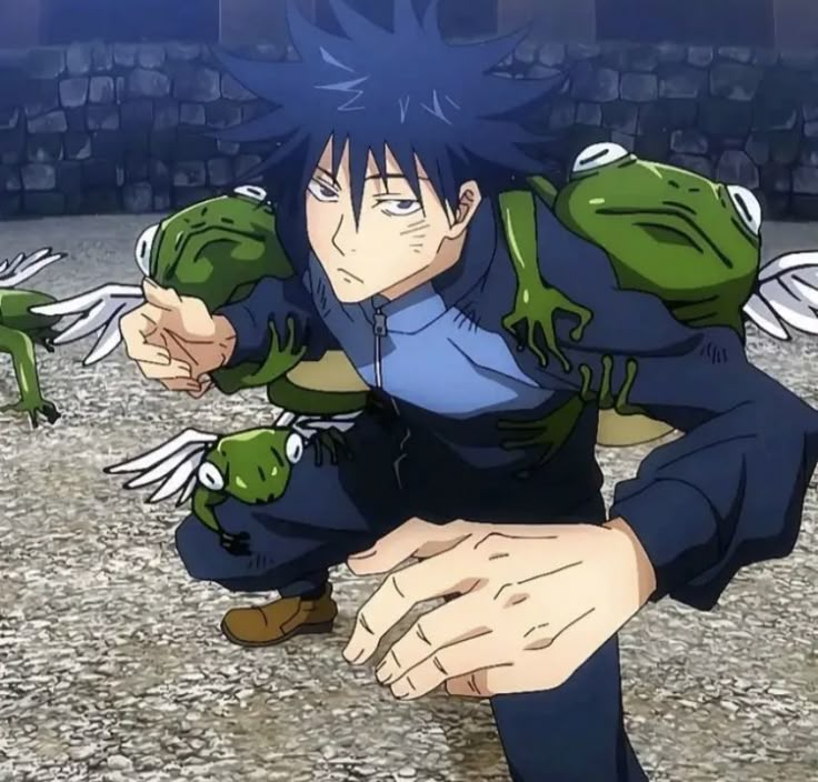 an anime character kneeling down with two green frogs on his arm and one hand in the air