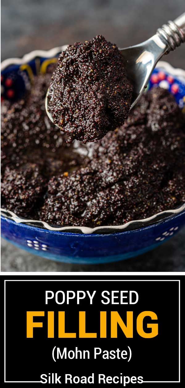 a spoon full of poppy seed filling in a blue bowl with the words poppy seed filling above it