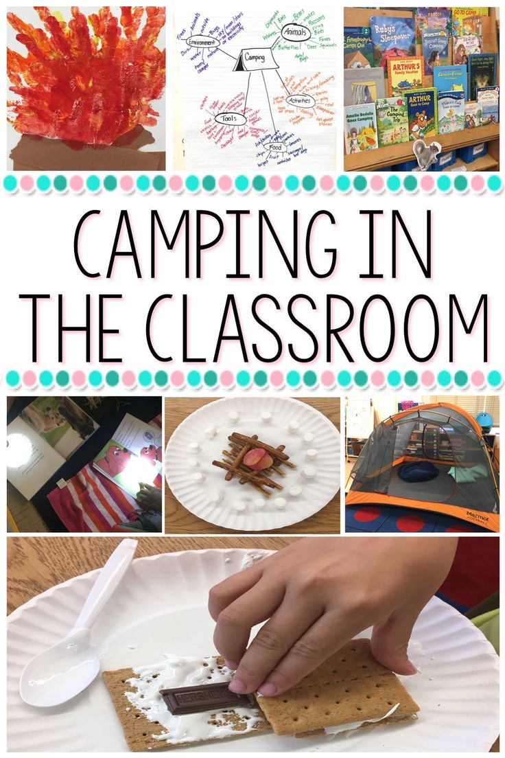 camping in the classroom with pictures of food and crafts