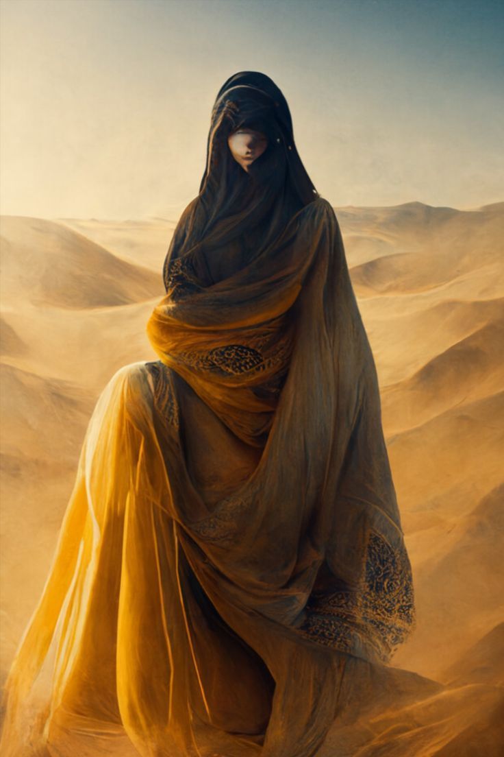 a painting of a woman in the desert