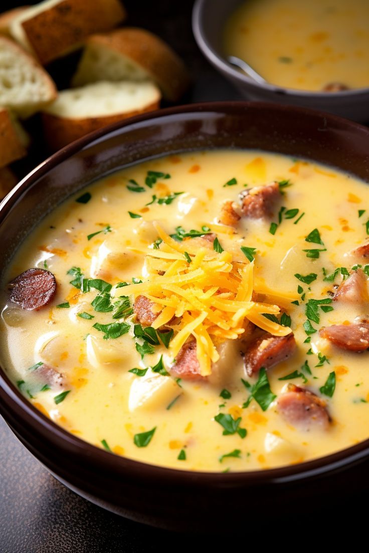 a bowl of soup with bread and cheese