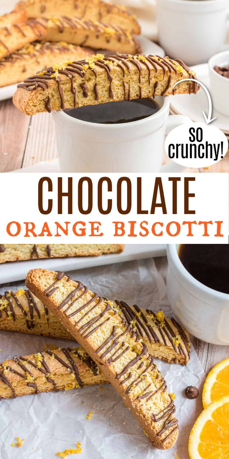 chocolate orange biscotti on a white plate with coffee and oranges in the background