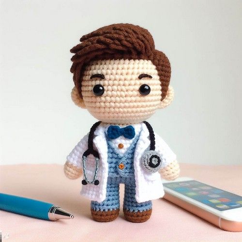 a crocheted doctor doll next to a cell phone