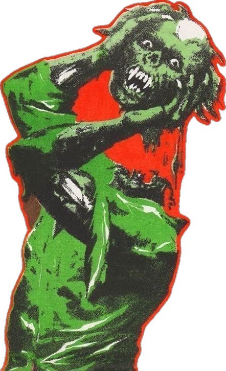 a drawing of a green zombie holding a red object