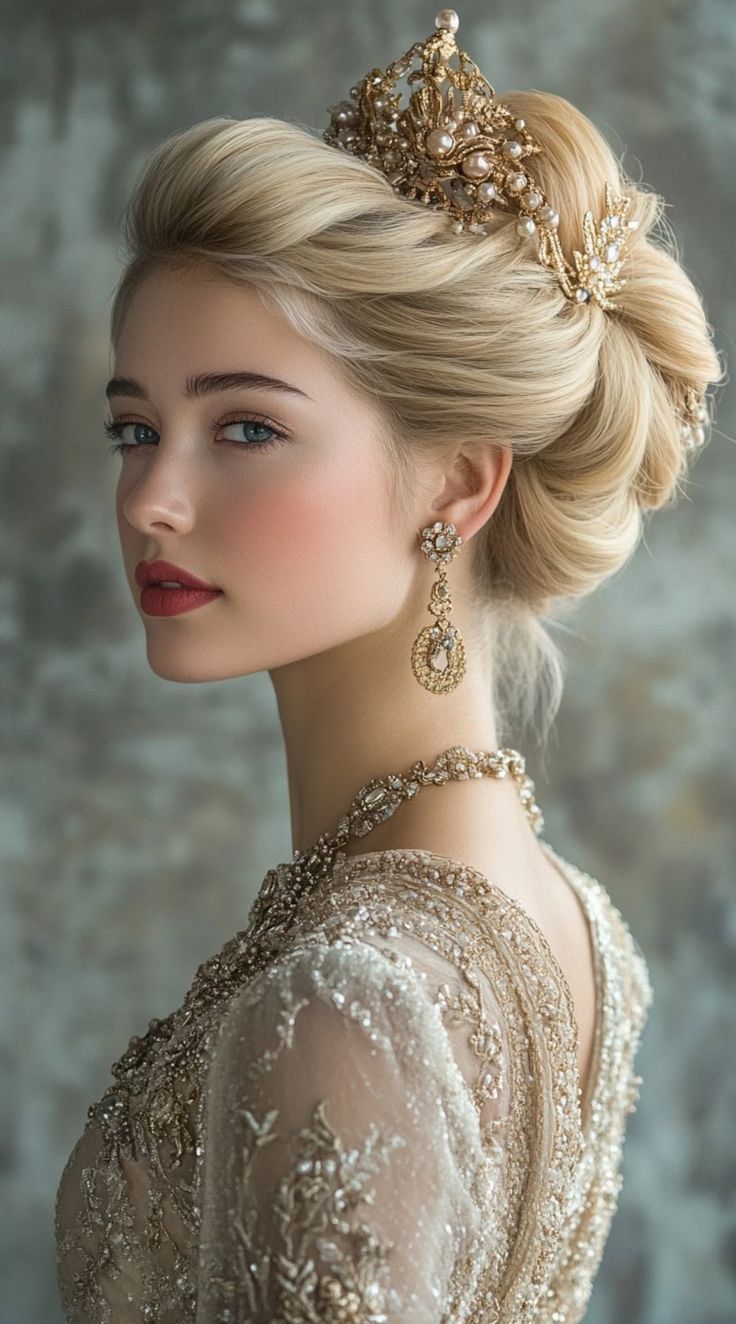 Transform into royalty with these 25 dreamy princess hairstyles! From elegant updos to flowing curls, discover a range of enchanting styles fit for any fairytale. Perfect for weddings, themed parties, or simply adding a touch of magic to your look. Embrace your inner princess and shine like never before! Royalty Wedding Theme, Wedding Party Hairstyles, Romantic Braid, Bridal Hair Inspiration, Wedding Hairstyles Bride, Long To Short Hair, Quince Hairstyles, Old Fashion Dresses, Golden Hair