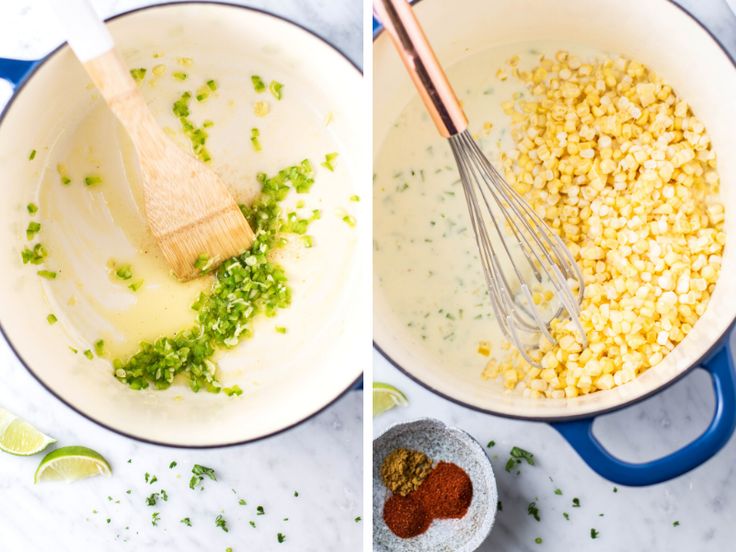 two pictures showing the process of cooking corn and seasoning in a pot with a wooden spoon