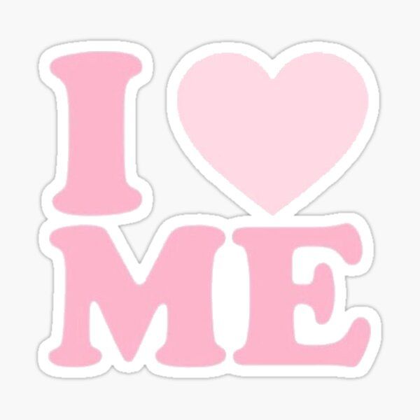 the word i love me with a heart sticker in pink on a white background