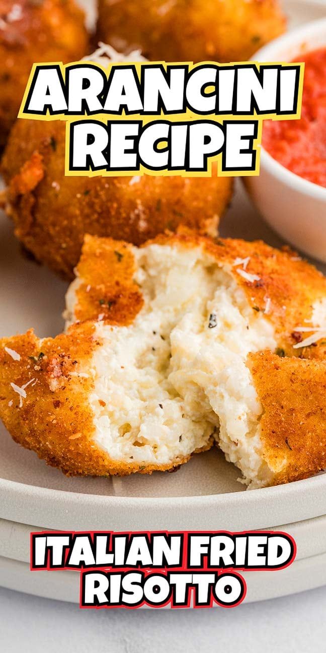 an italian fried risotto on a white plate with the words arancini recipe above it