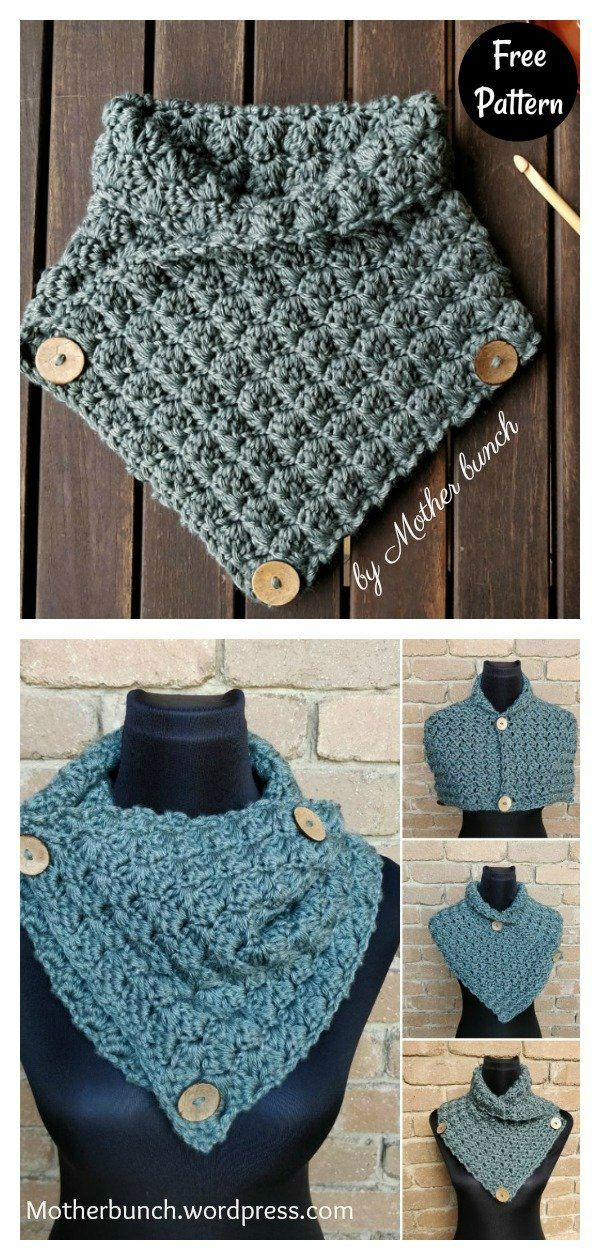 the crocheted scarf is shown with buttons on it and two different pictures showing how to