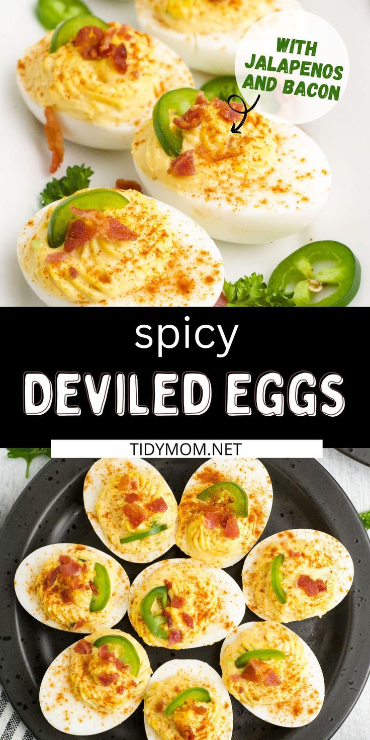 deviled eggs with jalapenos and bacon in them on a black plate