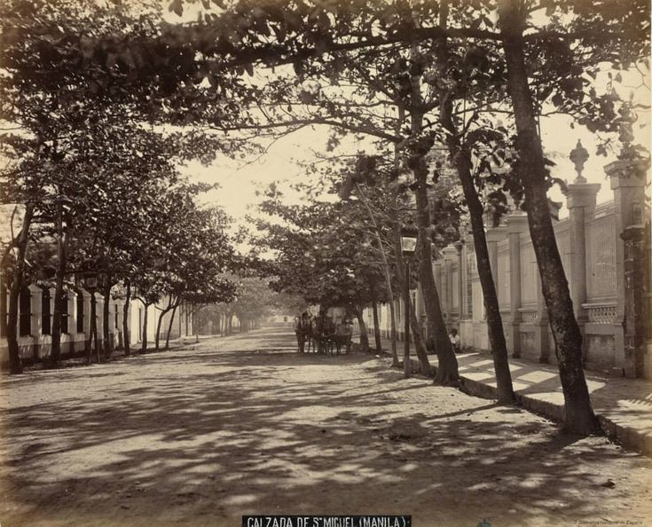 an old black and white photo of a street lined with trees