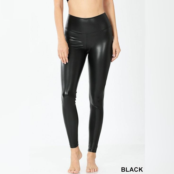 Faux Leather Pants. Stretch Fit Black Polyurethane High-waisted Bottoms, Black High Waist Polyurethane Bottoms, Sleek Black Polyurethane Bottoms, Sleek Solid Faux Leather Pants, Sleek Black Faux Leather Bottoms, Sleek Black Faux Leather Pants, Chic Black Faux Leather Pants, Black High-waisted Faux Leather Leggings, Chic Black Leather Pants