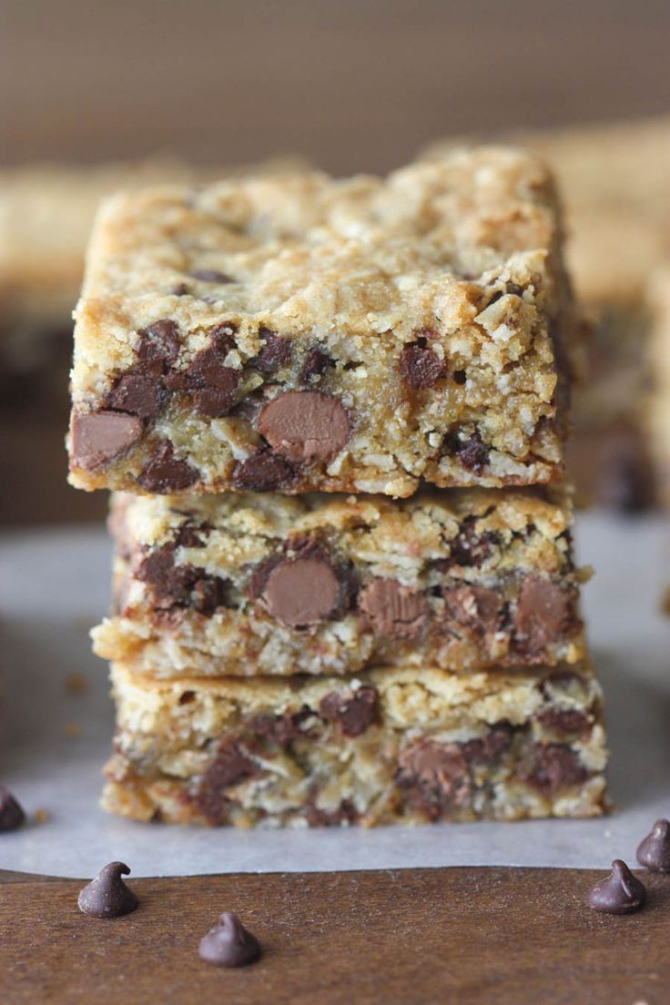 chocolate chip cookie bars stacked on top of each other