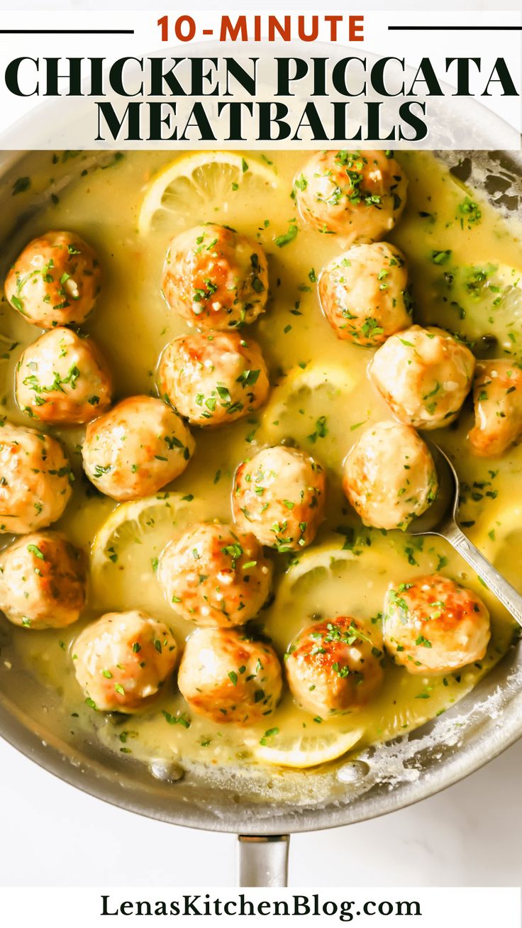 a pan filled with chicken meatballs covered in gravy