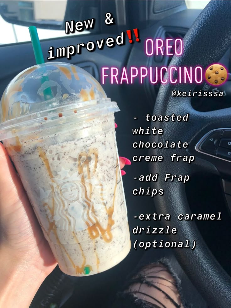 a person holding up a drink in front of a car steering wheel with the words new and improve oreo frappuccino written on it