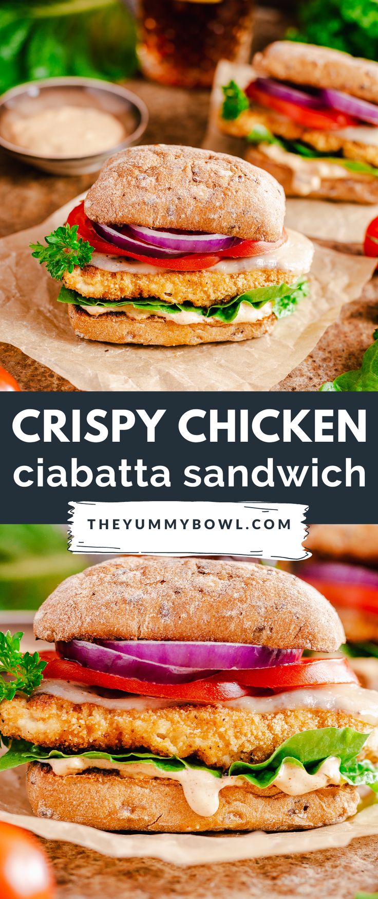 crispy chicken ciabatta sandwich with lettuce, tomato, and onion