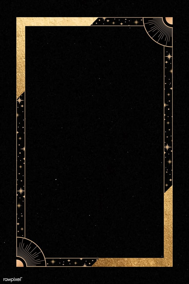 a black and gold frame with stars in the middle, on a black background that is bordered by golden foil