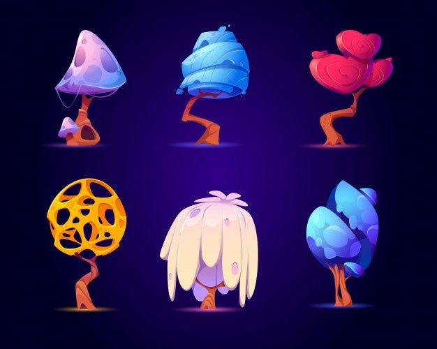 six different types of trees on a dark background with blue and pink colors, each one in the shape of a mushroom