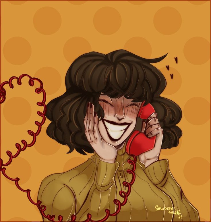 a drawing of a woman talking on a red phone with her face painted like a clown